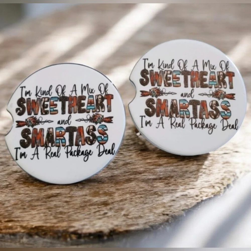 Set Of 2 Ceramic Funny Car Coasters SWEETHEART and SMARTA$$